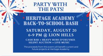 Heritage Academy Back-to-School Bash - Saturday, 8/20/22 @ 6-9pm at Lion Hills