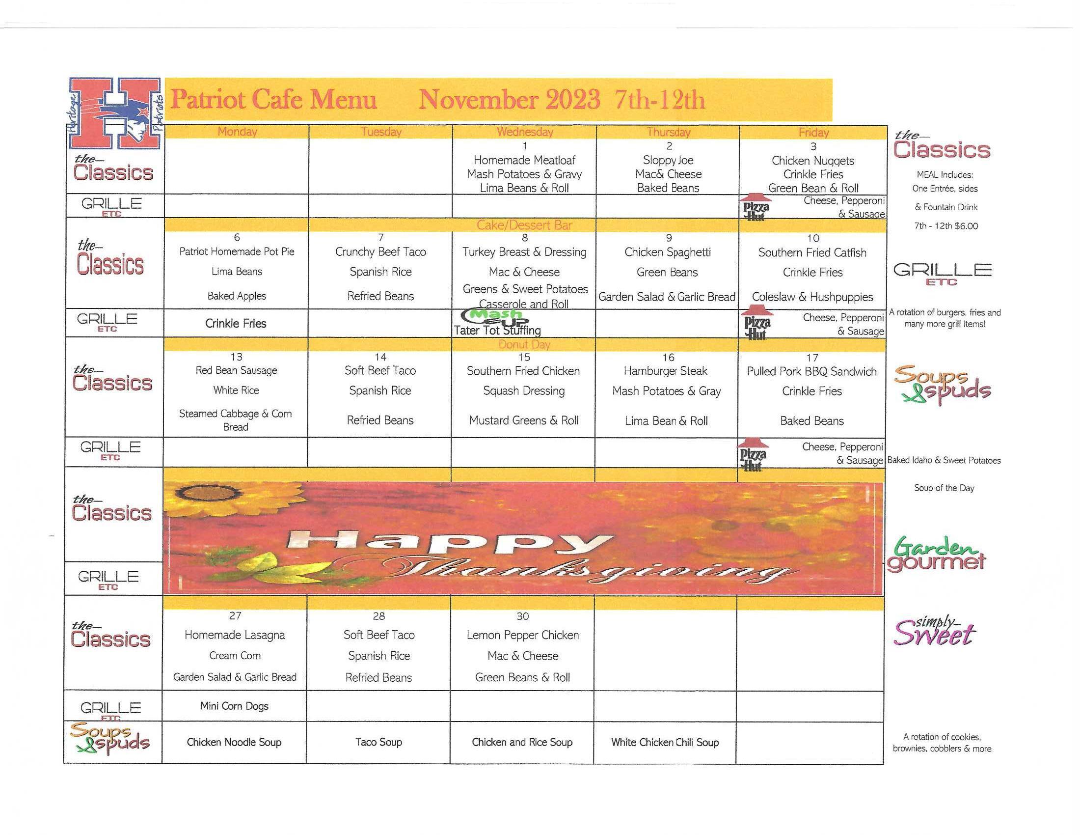 November Patriot Cafe Menu - Grades 7-12