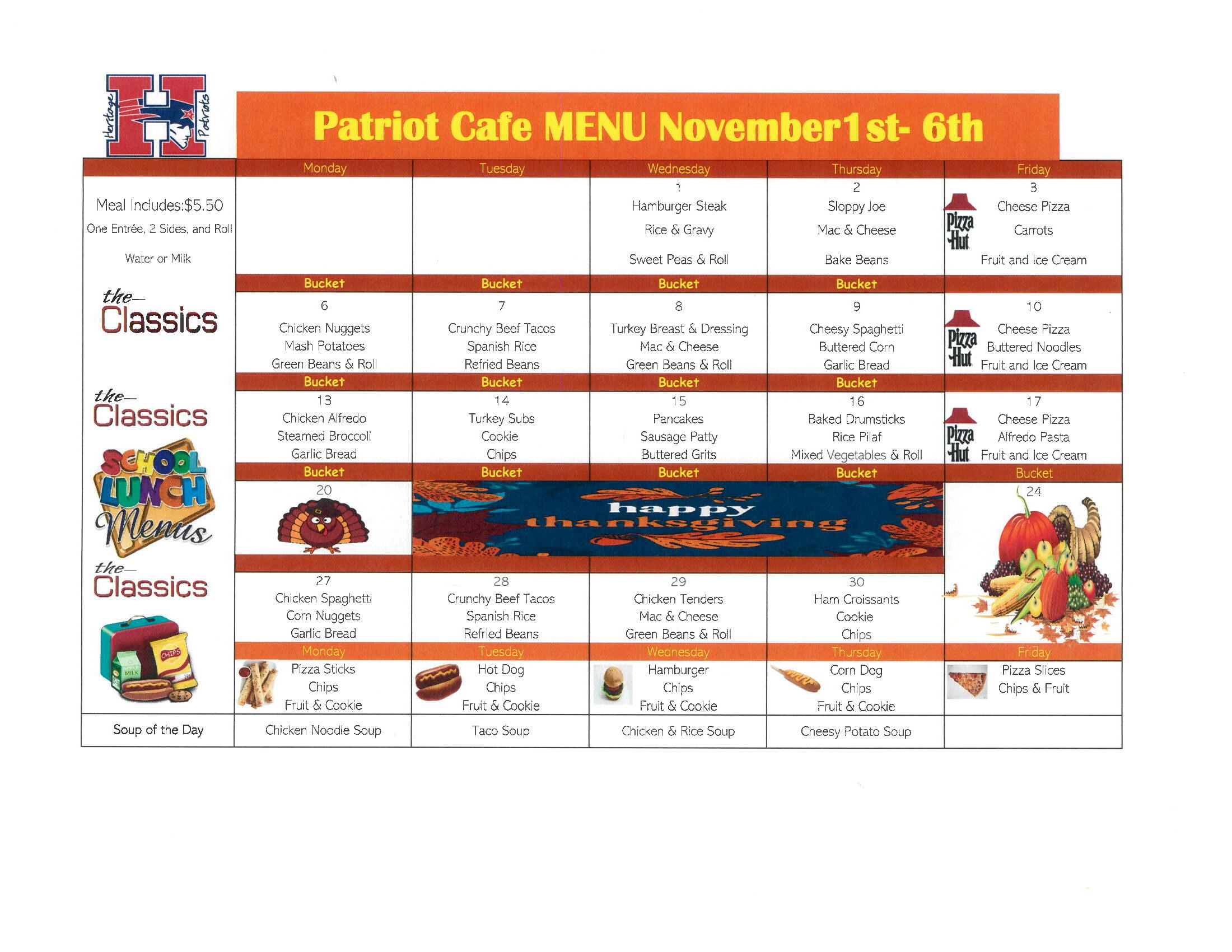November Patriot Cafe Menu - Grades 1-6
