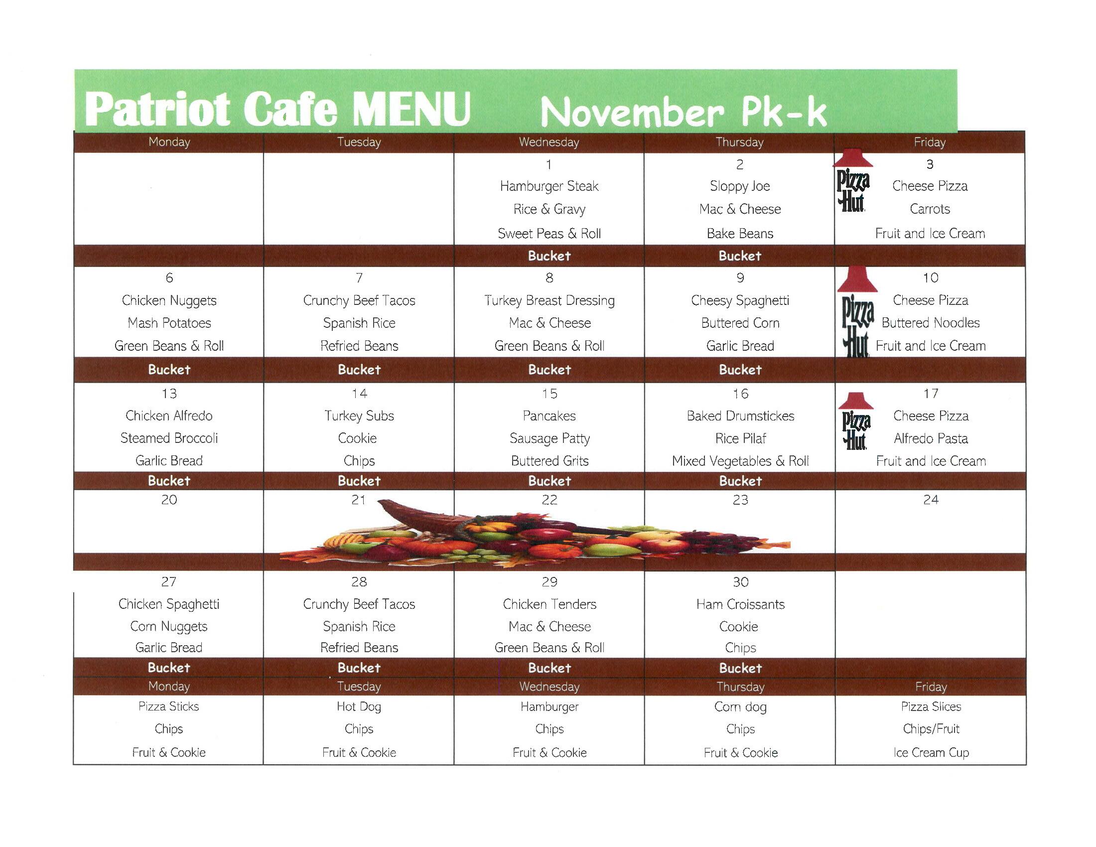 November Patriot Cafe Menu - PreK / K